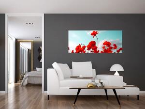 Obraz poľa s jasne červenými kvetmi (120x50 cm)
