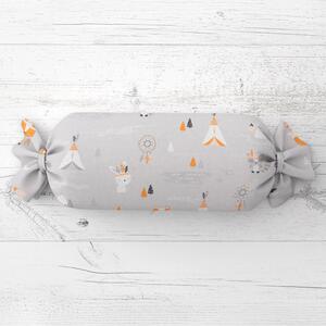 Biante Detský vankúš valec bonbon Sandra SA-699 Oranžové zvieratká Indiáni na sivom 15x40 cm
