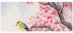 Obraz - Vtáčik na strome s červenými kvetmi (120x50 cm)