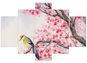 Obraz - Vtáčik na strome s červenými kvetmi (150x105 cm)