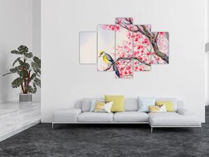 Obraz - Vtáčik na strome s červenými kvetmi (150x105 cm)
