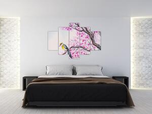Obraz - Vtáčik na strome s ružovými kvetmi (150x105 cm)