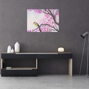 Obraz - Vtáčik na strome s ružovými kvetmi (70x50 cm)