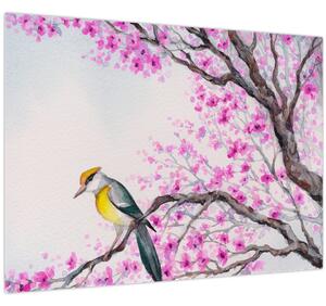Obraz - Vtáčik na strome s ružovými kvetmi (70x50 cm)