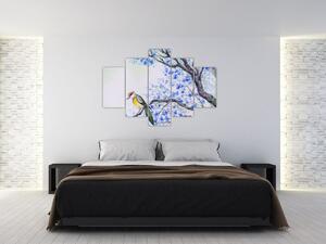 Obraz - Vtáčik na strome s modrými kvetmi (150x105 cm)