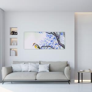 Obraz - Vtáčik na strome s modrými kvetmi (120x50 cm)