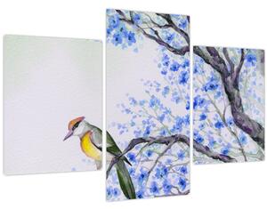Obraz - Vtáčik na strome s modrými kvetmi (90x60 cm)