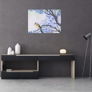Obraz - Vtáčik na strome s modrými kvetmi (70x50 cm)