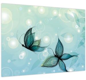 Sklenený obraz - Modré motýliky (70x50 cm)