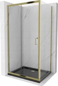 Mexen Apia, sprchový kút s posuvnými dverami 100 (dvere) x 70 (stena) cm, 6mm číre sklo, zlatý profil + čierna sprchová vanička SLIM, 840-100-070-50-00-4070G