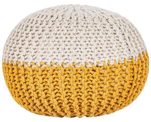 Puf taburetka béžová a žltá pletená výplň z polystyrénového granulátu malá okrúhla podnožka 50x35 cm
