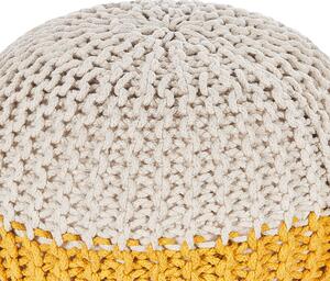 Puf taburetka béžová a žltá pletená výplň z polystyrénového granulátu malá okrúhla podnožka 50x35 cm