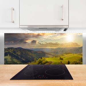 Sklenený obklad Do kuchyne Hory lúka západ slnka 125x50 cm
