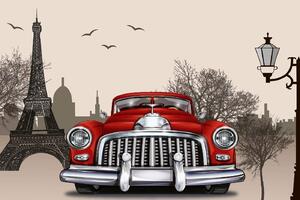 DIMEX | Vliesové fototapety na stenu Retro auto v Paríži MS-5-2195 | 375 x 250 cm | červená, biela, béžová, hnedá