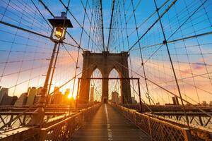 DIMEX | Vliesové fototapety na stenu Brooklyn Bridge pri západe slnka MS-5-2966 | 375 x 250 cm | modrá, žltá, hnedá