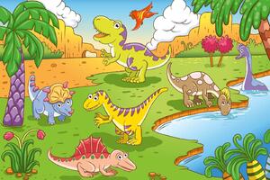 DIMEX | Vliesové fototapety na stenu Roztomilí dinosaury MS-5-1460 | 375 x 250 cm | zelená, modrá, červená, oranžová