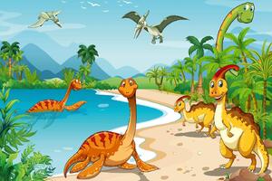DIMEX | Vliesové fototapety na stenu Dinosaury na pláži MS-5-1461 | 375 x 250 cm | zelená, modrá, oranžová