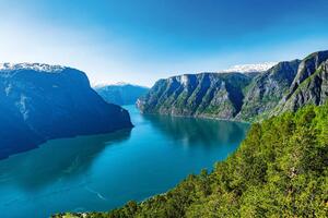 DIMEX | Vliesové fototapety na stenu Sognefjord v lete MS-5-3081 | 375 x 250 cm | zelená, modrá, biela
