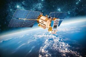 DIMEX | Vliesové fototapety na stenu Satelit obiehajúci Zem MS-5-2254 | 375 x 250 cm | modrá, biela, hnedá