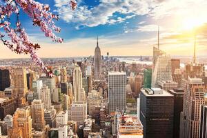 DIMEX | Vliesové fototapety na stenu Manhattan pri západe slnka MS-5-2975 | 375 x 250 cm | modrá, biela, žltá, hnedá
