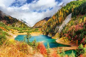DIMEX | Vliesové fototapety na stenu Jesenná krajina s jazerom MS-5-3072 | 375 x 250 cm | zelená, biela, žltá