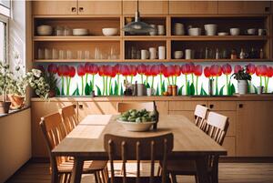 DIMEX | Fototapeta do kuchyne Tulipány KI-420-058 | 420 x 60 cm | zelená, červená