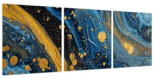 Obraz - Modrá abstrakcia so zlatom (s hodinami) (90x30 cm)