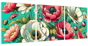 Obraz - Kvety na modrom pozadí (s hodinami) (90x30 cm)