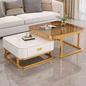 LuxuryForm DESIGN Konferenčný stolík ARAGON 70 × 70 / 60 × 60 cm – zlatý / biely mramor + sklo (set 2 ks)