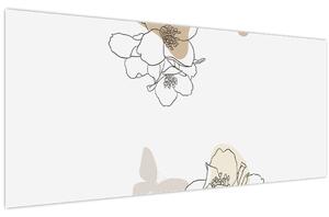 Obraz - Béžové kvety s motýľom N⁰2 (120x50 cm)