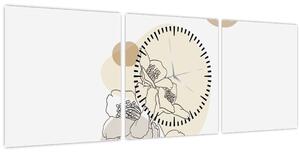Obraz - Béžové kvety s motýľom N⁰4 (s hodinami) (90x30 cm)