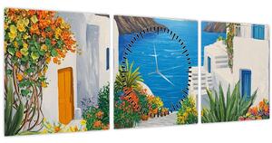 Obraz - Grécka ulička (s hodinami) (90x30 cm)