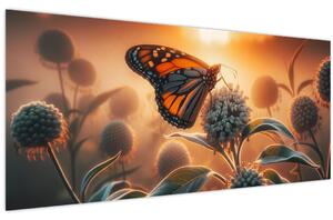 Obraz – Motýľ v zapadajúcom slnku (120x50 cm)