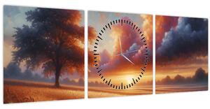Obraz – Západ slnka na poli (s hodinami) (90x30 cm)