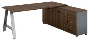 Rohový kancelársky písací stôl PRIMO STUDIO, skrinka vpravo, 1800 x 800 mm, sivá / orech