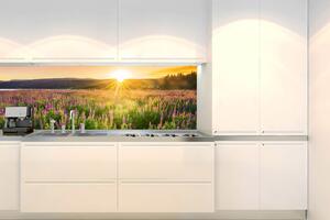 DIMEX | Fototapeta do kuchyne Západ slnka na lúke KI-180-145 | 180 x 60 cm | zelená, fialová, žltá