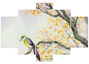 Obraz - Akvarelový vtáčik na strome (150x105 cm)
