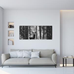 Obraz - Jeleň v lese 2, čiernobiela (120x50 cm)