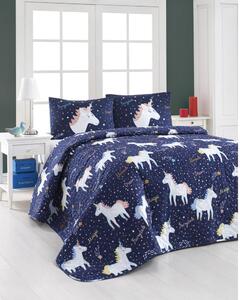 Set prešívaného prehozu a 2 obliečok na vankúše Eponj Home Magic Unicorn Dark Blue, 200 x 220 cm
