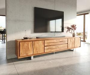 DELIFE TV stolík Live-Edge 300 cm akácia prírodná 4 dvierka 2 zásuvky