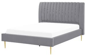 Čalúnená posteľ sivá zamatová 140 x 200 cm lamelový rošt vysoké čelo elegantný dizajn spálňa