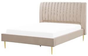Čalúnená posteľ béžová zamatová 160 x 200 cm lamelový rošt vysoké čelo elegantný dizajn spálňa