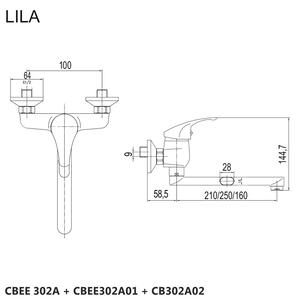Drezová nástenná batéria, Lila, 100 mm, s ramienkom plochým rovným 210 mm, chróm