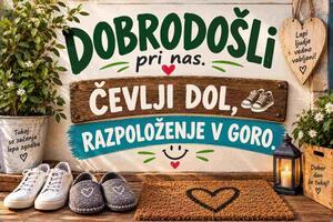 Plechová ceduľa Dobrodošli pri nas. Čevlji Dol, Razpoloženje v Goro - Plechová tabuľa