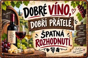 Plechová ceduľa Dobré víno, dobří přátelé, špatná rozhodnutí.- Plechová tabuľa