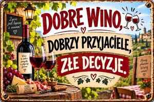 Plechová ceduľa Dobre wino, dobry przyjaciele, zle decyzje.- Plechová tabuľa