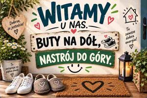 Plechová ceduľa Witamy u nas. Buty na dól, nástrój do góry. - Plechová tabuľa