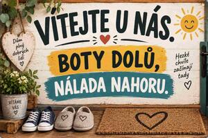 Plechová ceduľa Vítejte u nás. Boty dolu, nálada nahoru.- Plechová tabuľa