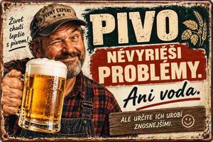 Plechová ceduľa Pivo nevyrieši problémy. Ani voda. - Plechová tabuľa