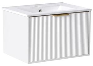 Závesná kúpeľňová skrinka s umývadlom biela so zlatým úchytom MDF 60 cm s 2 zásuvkami úložný priestor moderný štýl kúpeľňa